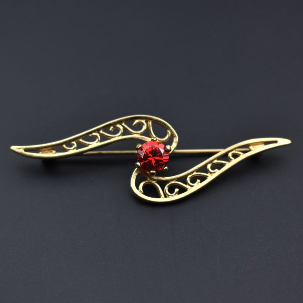Red crystal brooch gold tone, small fancy rhinestone brooch